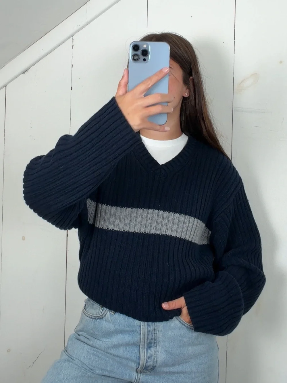 Vintage Navy Grey Chest Stripe Long Sleeve V-Neck Ribbed Sweater Men’s M 90s Y2K